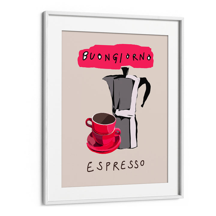 Colorful BUONGIORNO ESPRESSO, BAR poster featuring a moka pot and red cup, perfect for coffee lovers' decor.