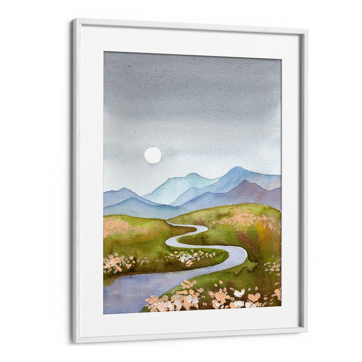 Serene BLUE GRAY HILLS landscape paintings featuring a winding river and soft hills, perfect for home decor.