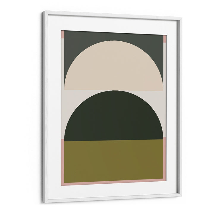 Stylish CONTEMPORARY ABSTRACT XIII, GEOMETRIC ART PRINTS featuring elegant shapes and earthy tones in a modern frame.