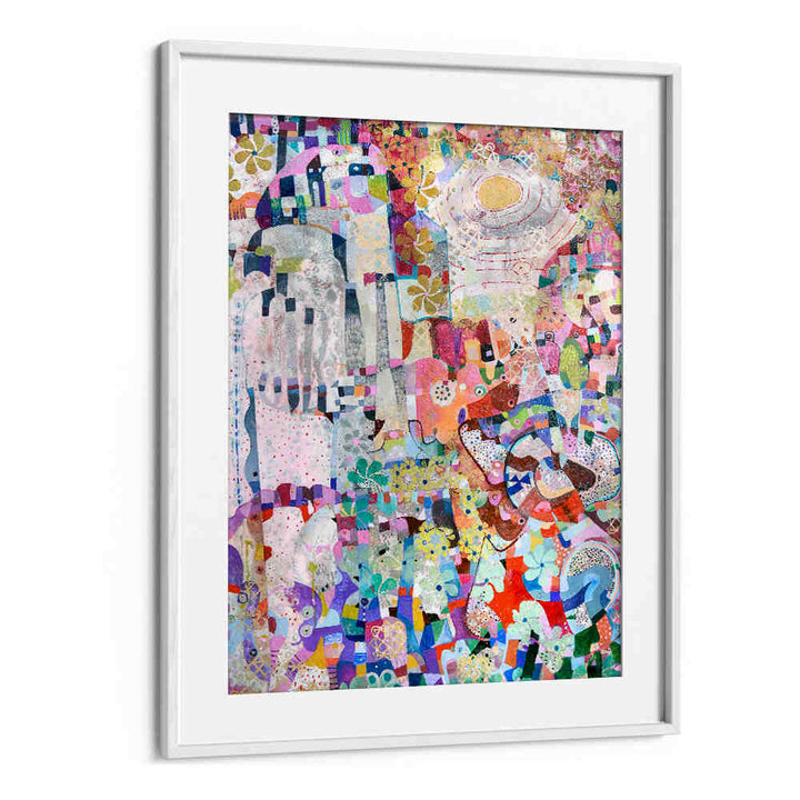 COVID SPRING , ABSTRACT PAINTINGS WHITEMOUNT framed vibrant abstract collage with layered texture and floral motifs