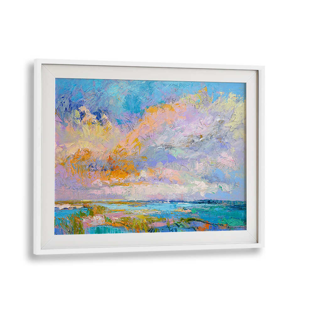 WhiteMount framed COLORFUL , LANDSCAPE PAINTINGS showing a vibrant pastel seaside horizon with textured brushstrokes