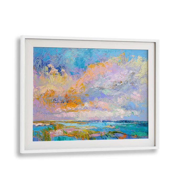 WhiteMount framed COLORFUL , LANDSCAPE PAINTINGS showing a vibrant pastel seaside horizon with textured brushstrokes