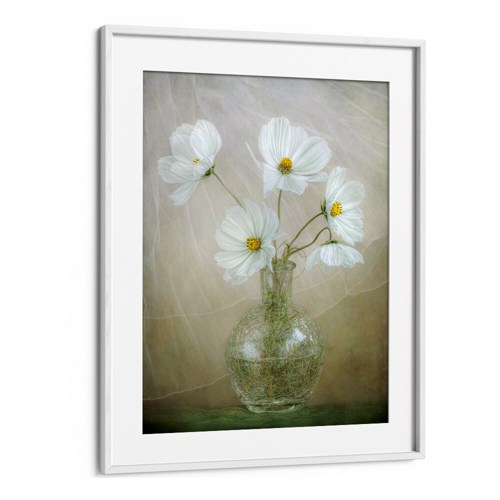 Elegant COSMOS BREEZE, FLORAL FLOWER PAINTINGS featuring white flowers in a stylish glass vase, enhancing any space.
