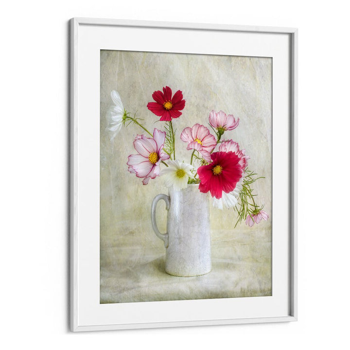 Vibrant COSMOS CARNIVAL, FLORAL FLOWER PAINTINGS showcase colorful flowers in a charming vase for delightful decor.