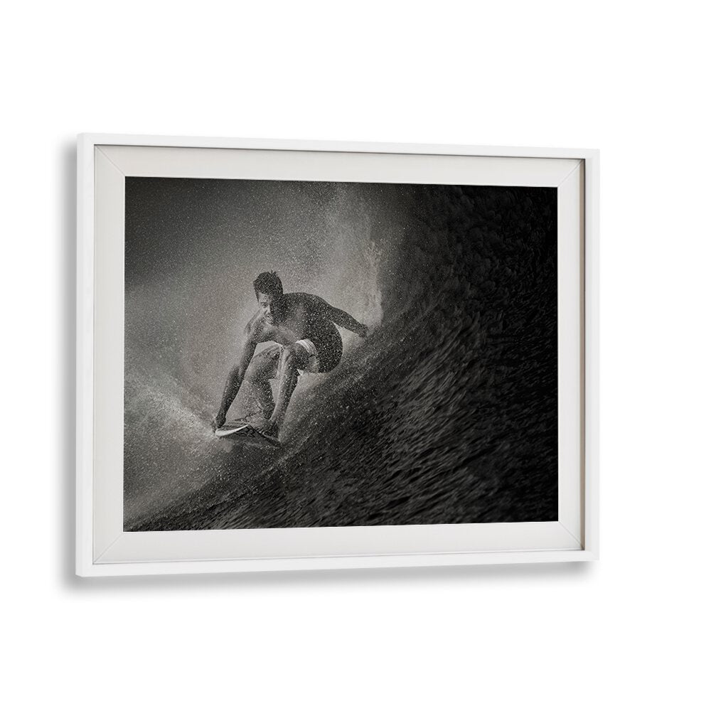 Captivating DANGEROUS MIST, PHOTOGRAPHY PRINTS showcasing a surfer's thrilling ride through powerful waves.