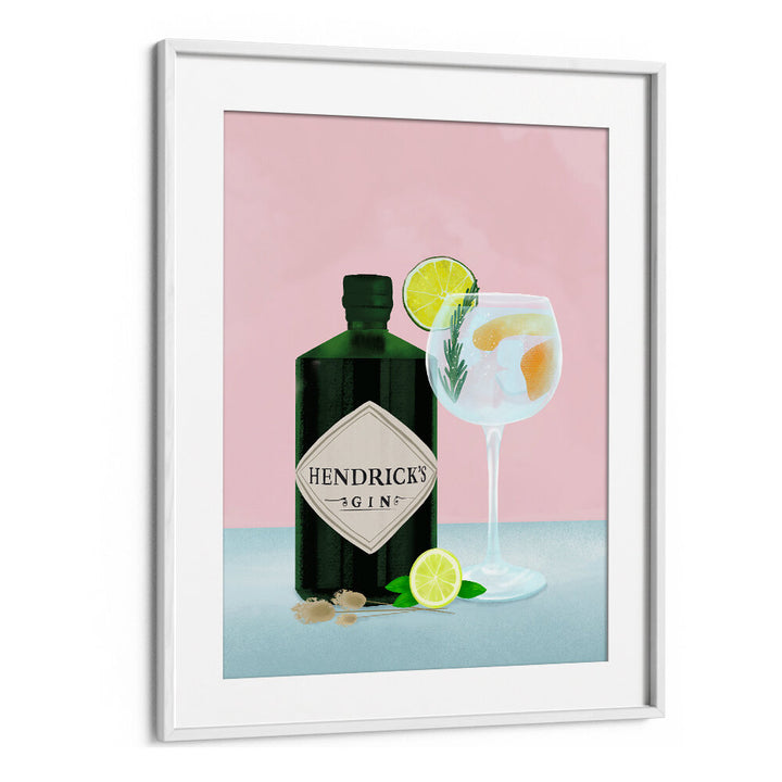 Hendrick's gin bottle with GIN TONIC , BAR art and lime in glass