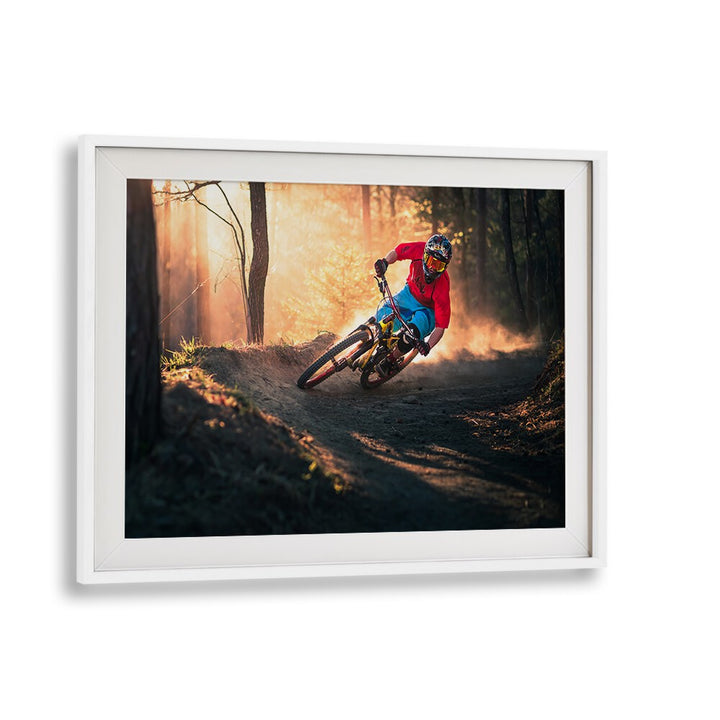 Golden Bermed Corner, photography prints showcasing dynamic mountain biking in a captivating forest setting.