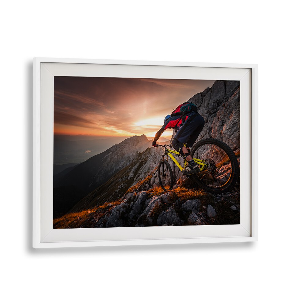 Breathtaking mountain biker at sunset showcased in GOLDEN HOUR HIGH ALPINE RIDE, PHOTOGRAPHY PRINTS for stunning decor.