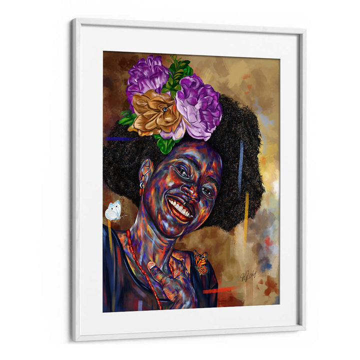 Colorful figurative portrait of a smiling woman with floral crown and butterflies — GOOD FEELINGS , PORTRAITS at WHITEMOUNT