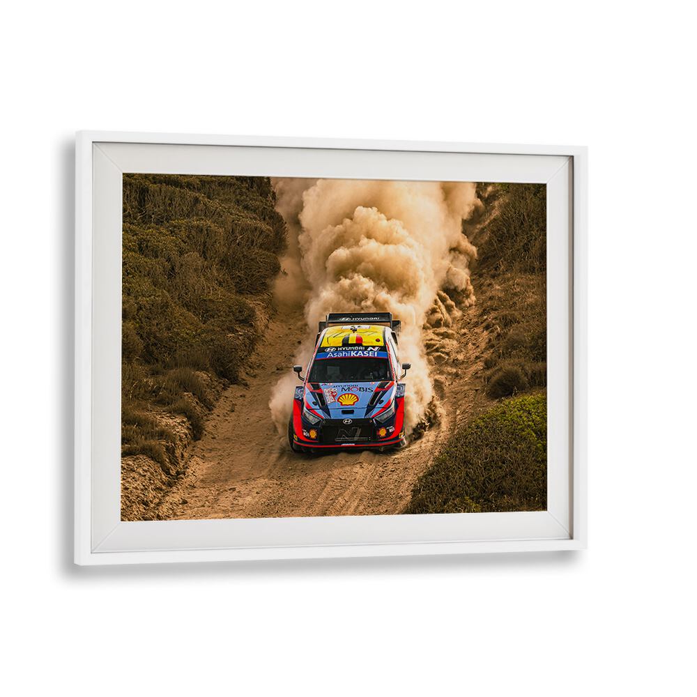 Dynamic Hyundai WRC car kicking up dust, perfect for automotive enthusiasts. Get your HYUNDAI WRC, PHOTOGRAPHY PRINTS today!