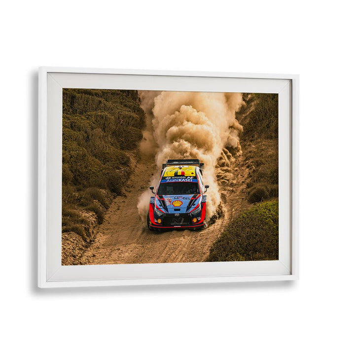 Dynamic Hyundai WRC car kicking up dust, perfect for automotive enthusiasts. Get your HYUNDAI WRC, PHOTOGRAPHY PRINTS today!