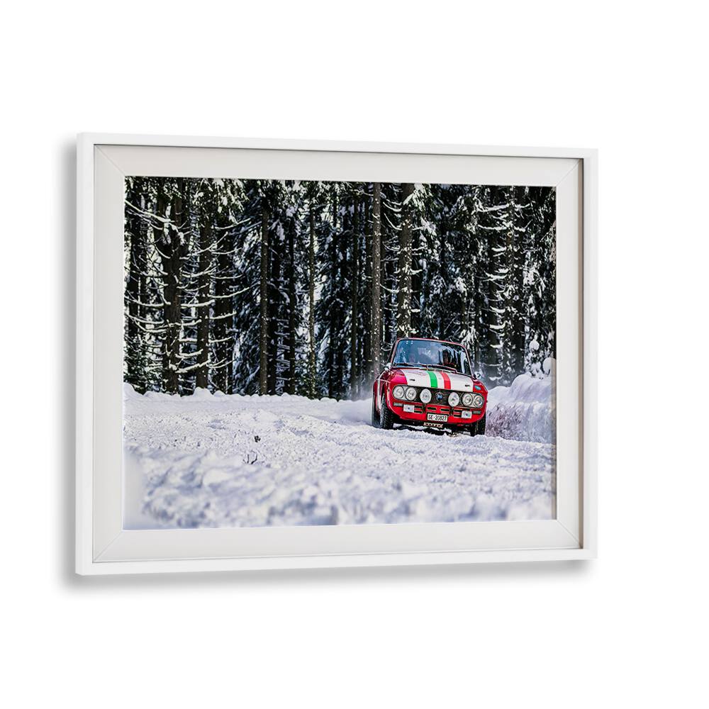 LANCIA FULVIA, PHOTOGRAPHY PRINTS showcasing a classic car navigating snowy terrain, perfect for automotive enthusiasts.