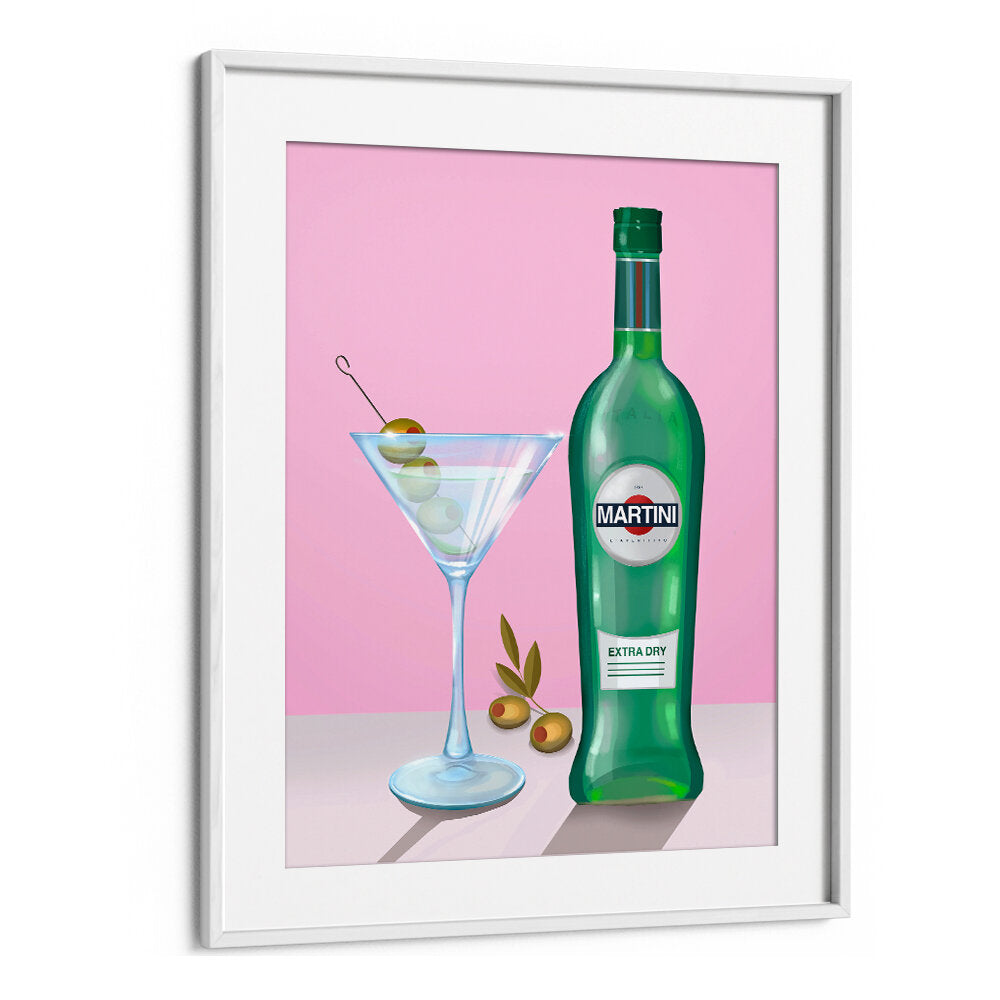 MARTINI COCKTAIL , BAR WhiteMount art print with Martini bottle and olive-garnished martini glass.