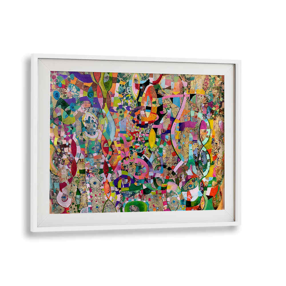 MOVING UP , ABSTRACT PAINTINGS by WHITEMOUNT — colorful framed abstract with layered color, gestural brushwork
