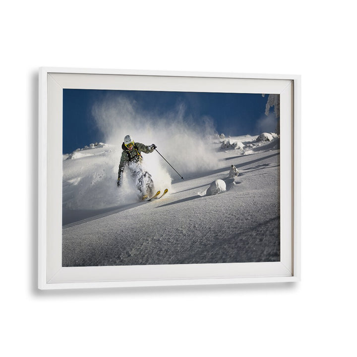 Dynamic skier carving through fresh powder in "POWDER PARADISE, PHOTOGRAPHY PRINTS" collection, showcasing art and action.