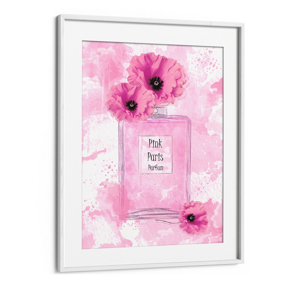 Elegant PINK PARIS PARFUM, FASHION POSTERS featuring a pink perfume bottle adorned with flowers, perfect for chic decor.