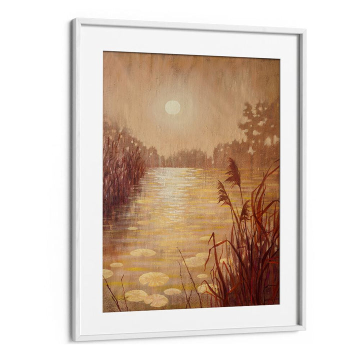 Serene Pond with Reeds at Sunset, Landscape Paintings showcasing vibrant hues, perfect for elevating your space.