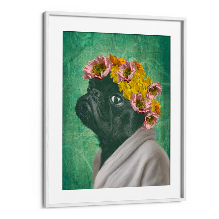 Charming PUG PORTRAIT, FASHION POSTERS featuring a pug adorned with flowers, adding warmth to any space.