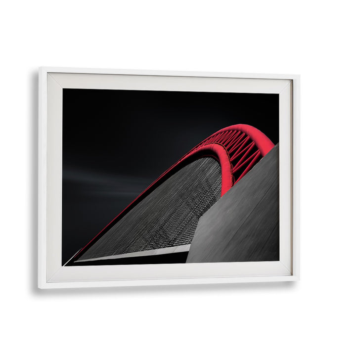 Stunning RED PARABOLA, PHOTOGRAPHY PRINTS showcasing a striking architectural design in vibrant red and sleek black.