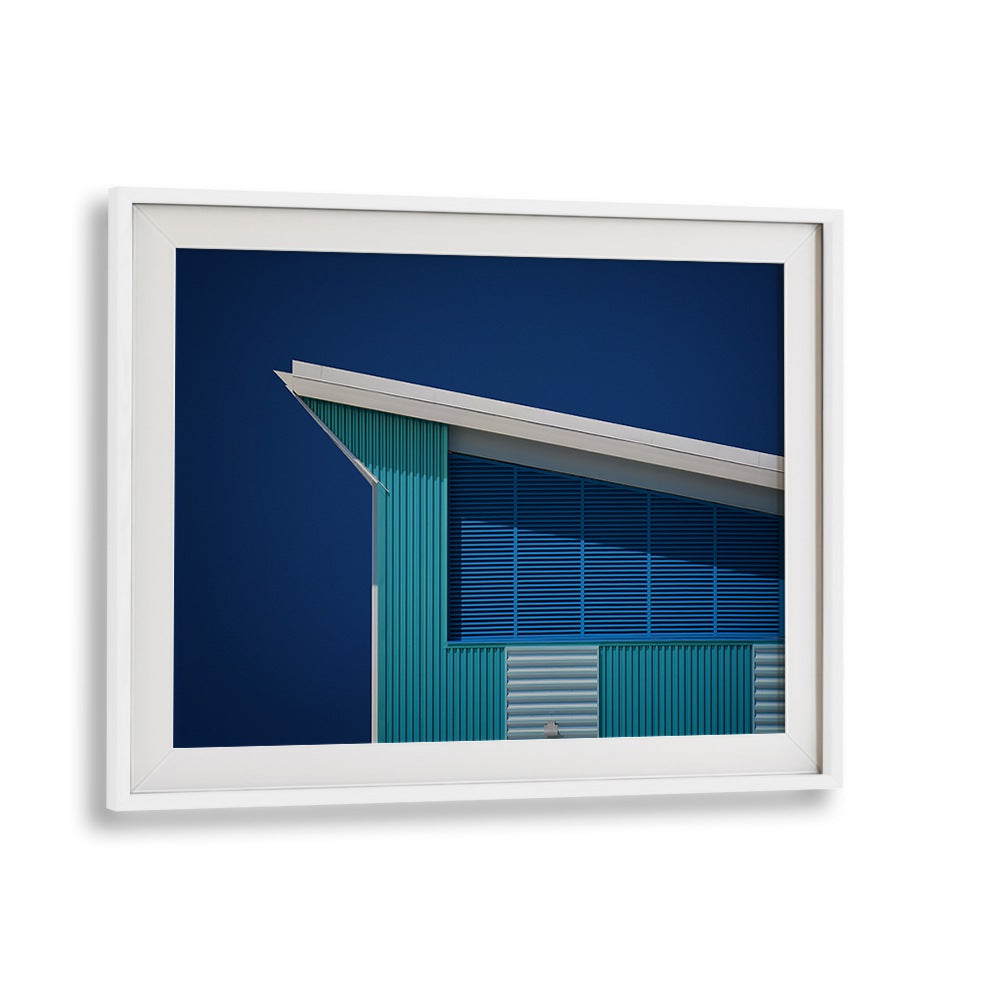 "Elegant framed RHAPSODY IN BLUE, PHOTOGRAPHY PRINTS showcasing a serene architectural landscape, perfect for home decor."