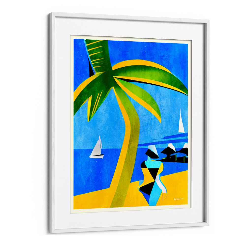 Vibrant TAHITI, BEACH PAINTINGS showcasing tropical serenity with palm trees and sailboats, perfect for any space.