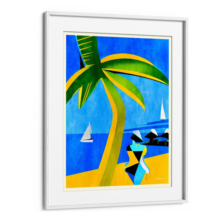 Vibrant TAHITI, BEACH PAINTINGS showcasing tropical serenity with palm trees and sailboats, perfect for any space.