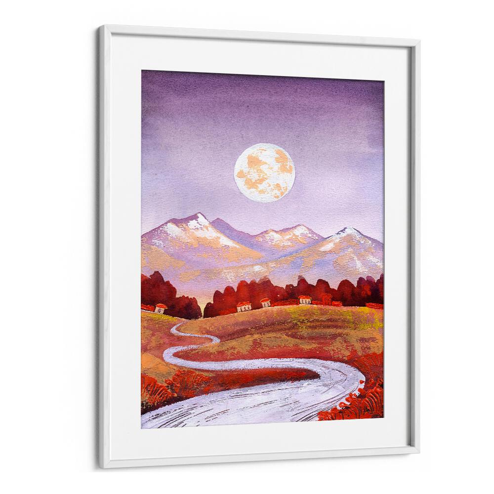 Stunning FULL MOON PURPLE, LANDSCAPE PAINTINGS with serene mountain and river scenes under a captivating moonlit sky.