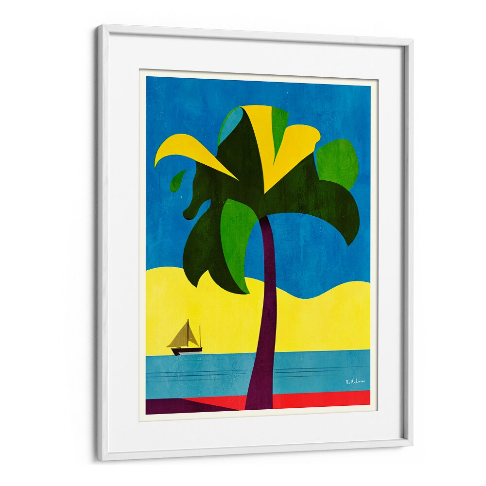 Vibrant PLAYA DEL CARMEN, BEACH PAINTINGS featuring a tropical scene with palm trees and a sailboat, perfect for your decor.