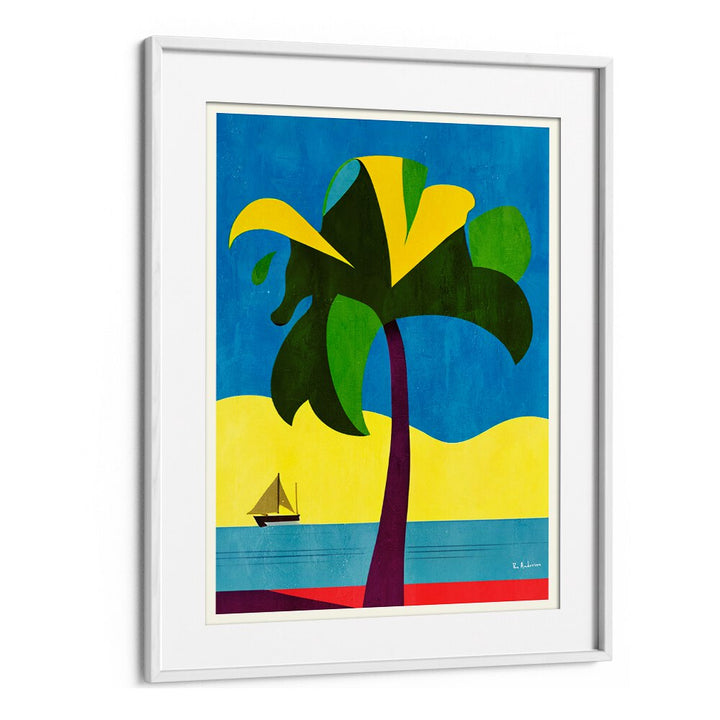 Vibrant PLAYA DEL CARMEN, BEACH PAINTINGS featuring a tropical scene with palm trees and a sailboat, perfect for your decor.