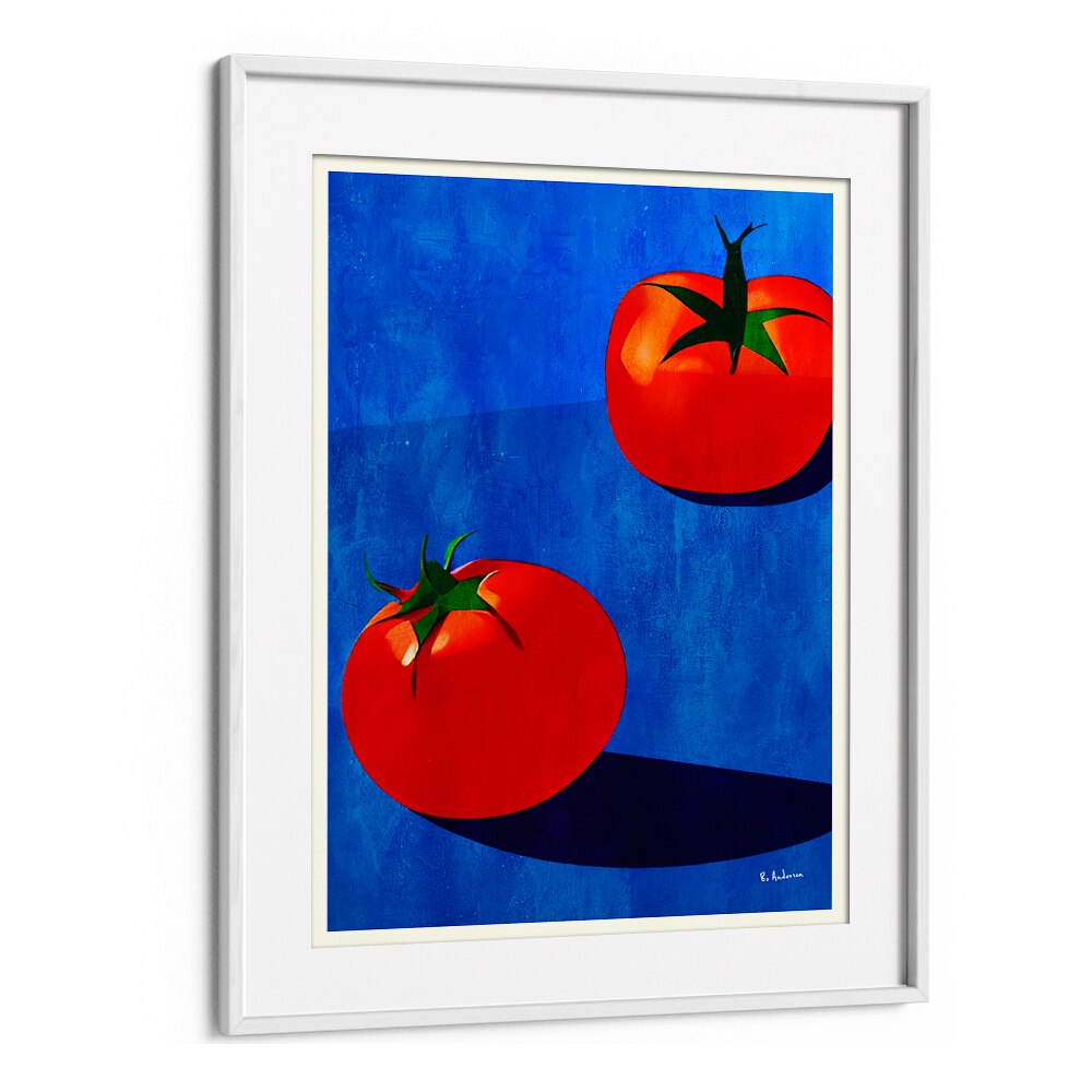 Charming DEUX TOMATES Kitchen Posters enhance your decor with vibrant art featuring two red tomatoes on a blue background.