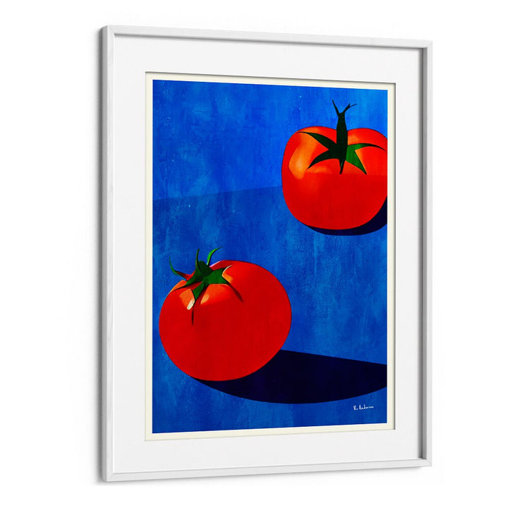 Charming DEUX TOMATES Kitchen Posters enhance your decor with vibrant art featuring two red tomatoes on a blue background.
