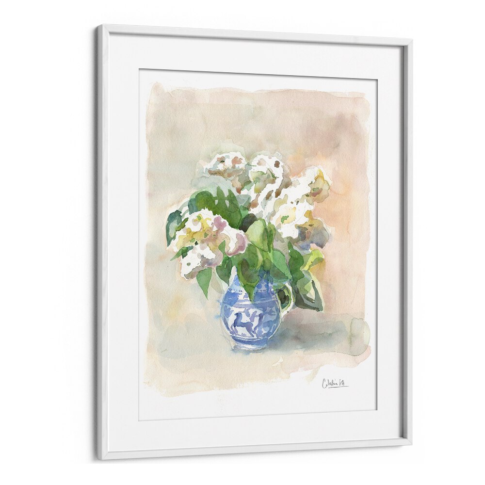 Delicate white lilacs in a blue vase, perfect for enhancing your space with our floral flower paintings.