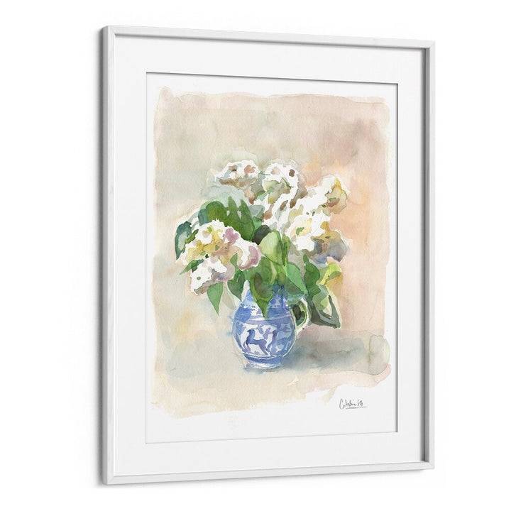 Delicate white lilacs in a blue vase, perfect for enhancing your space with our floral flower paintings.