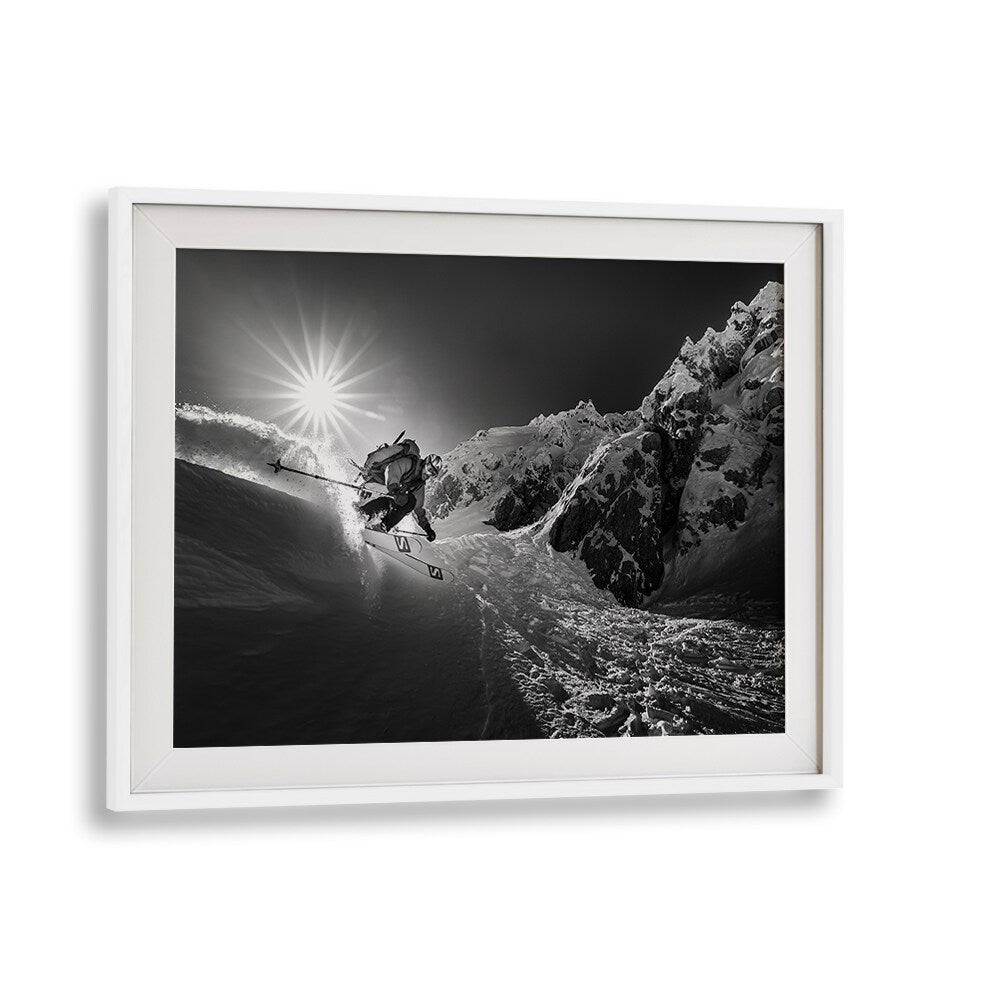 Dynamic skiing action captured in SNOW SPLASH OVER THE EDGE, PHOTOGRAPHY PRINTS for thrill-seekers and art lovers.