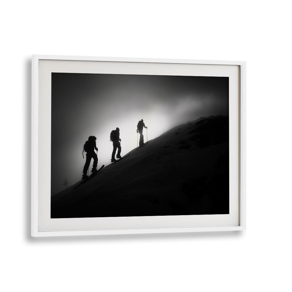 Stunning black and white STEP BY STEP , PHOTOGRAPHY PRINTS showcasing climbers on a misty mountain ridge.