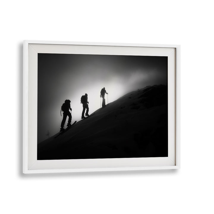 Stunning black and white STEP BY STEP , PHOTOGRAPHY PRINTS showcasing climbers on a misty mountain ridge.
