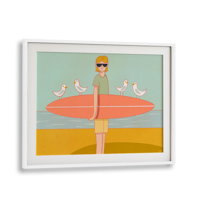 Stylish SEAGULL SURF CREW, BEACH PAINTINGS featuring a surfer with seagulls, perfect for coastal decor lovers.