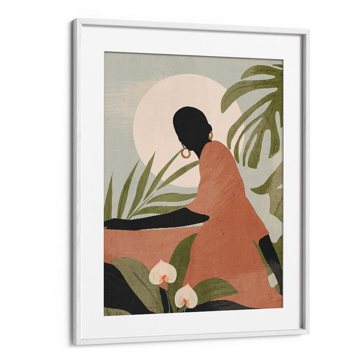 Serene Sunlit Silhouette, boho art paintings featuring an elegant figure amidst lush foliage, perfect for stylish decor.