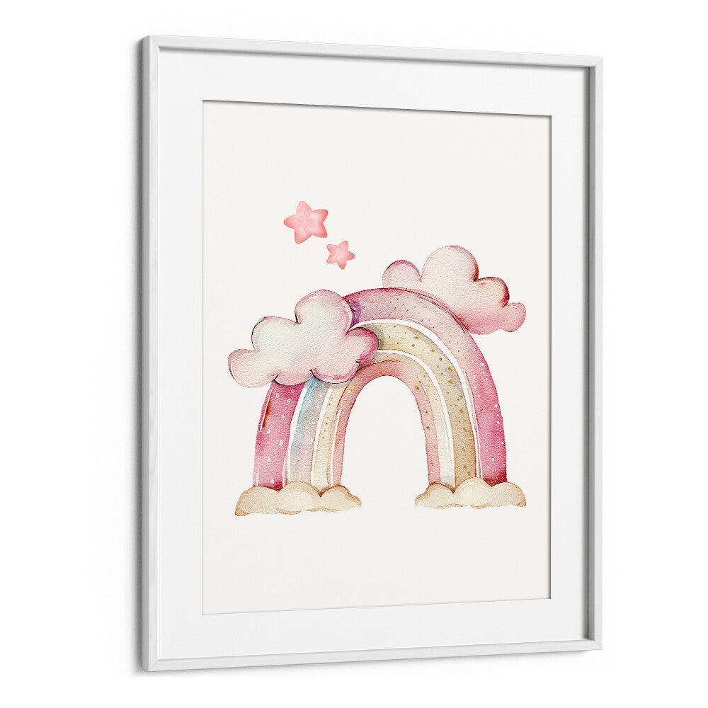 Whitemount's STARRY PINK Kids Room Paintings feature a whimsical rainbow with clouds and stars, perfect for a child's space.