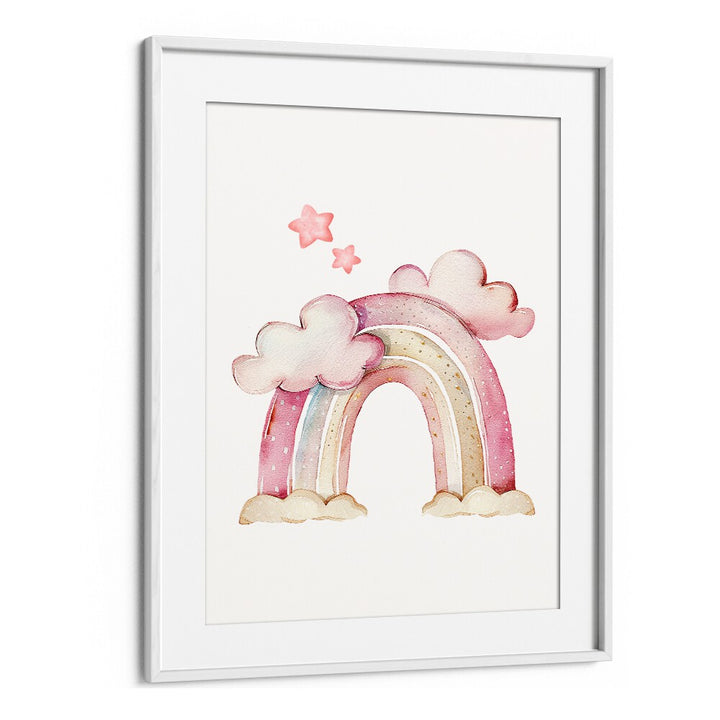 Whitemount's STARRY PINK Kids Room Paintings feature a whimsical rainbow with clouds and stars, perfect for a child's space.