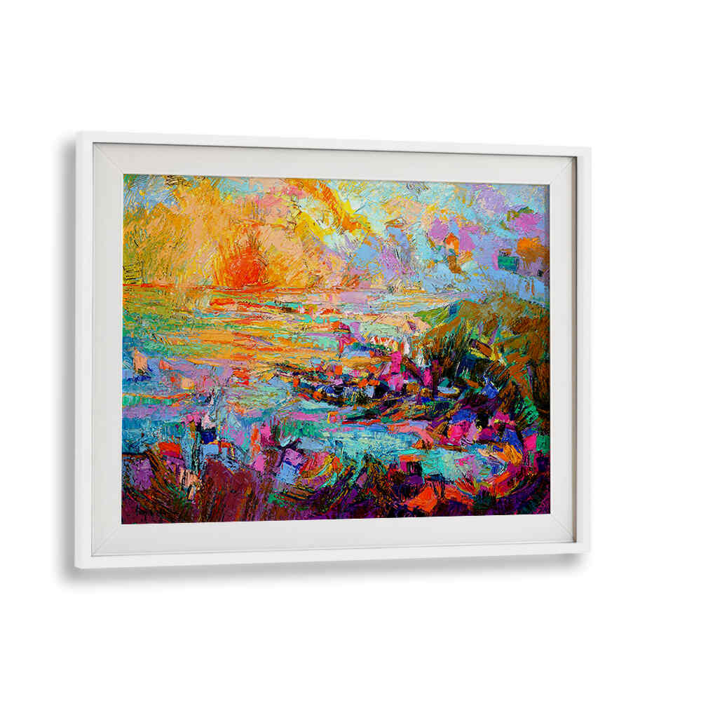 WHITEMOUNT framed abstract sunset landscape with vibrant hues and texture — SUNSET OVER , LANDSCAPE PAINTINGS