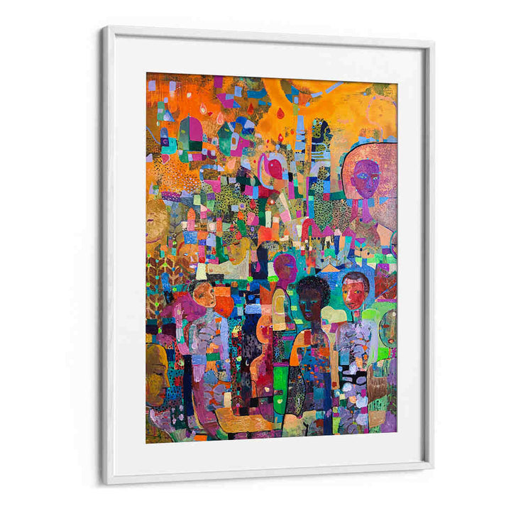 TAKE A KNEE , ABSTRACT PAINTINGS framed colorful gestural work with layered textures and figurative forms - WHITEMOUNT