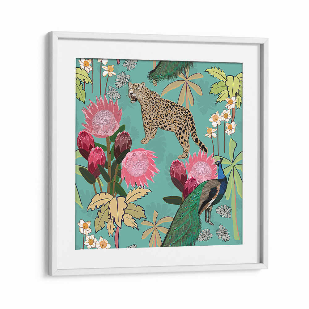 TIGER AND PEACOCK , ANIMAL PAINTINGS WhiteMount framed art with tiger, peacock and florals on teal background