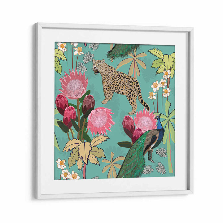 TIGER AND PEACOCK , ANIMAL PAINTINGS WhiteMount framed art with tiger, peacock and florals on teal background