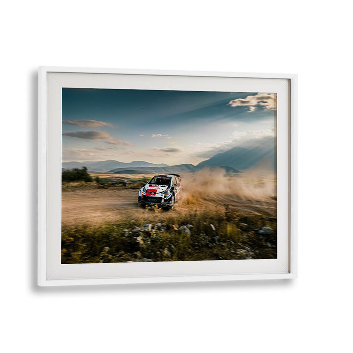 Dynamic Toyota Gazoo Racing car speeding through dirt, perfect for automotive photography prints to enhance your decor.