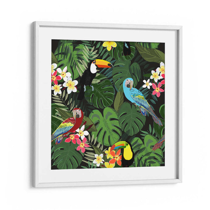 TROPICAL FOREST BLACK , ANIMAL PAINTINGS framed Whitemount art with toucans, parrots, and lush tropical leaves