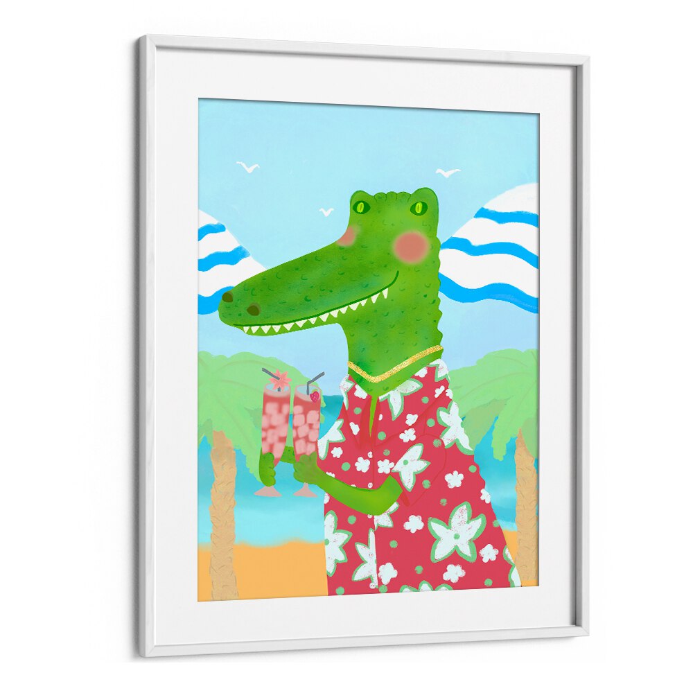 Vibrant TROPICAL REFRESHMENTS, KIDS ROOM PAINTINGS featuring a playful alligator in a tropical setting. Perfect for kids' rooms!