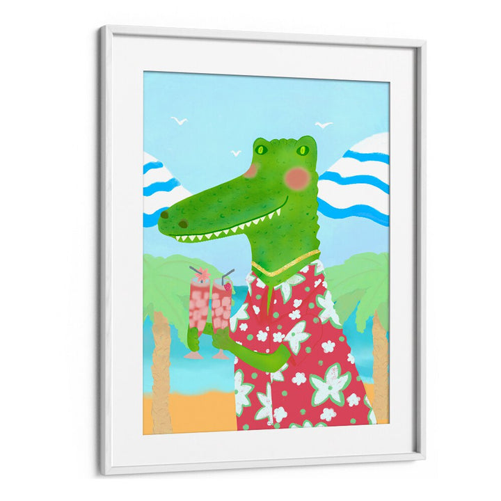 Vibrant TROPICAL REFRESHMENTS, KIDS ROOM PAINTINGS featuring a playful alligator in a tropical setting. Perfect for kids' rooms!