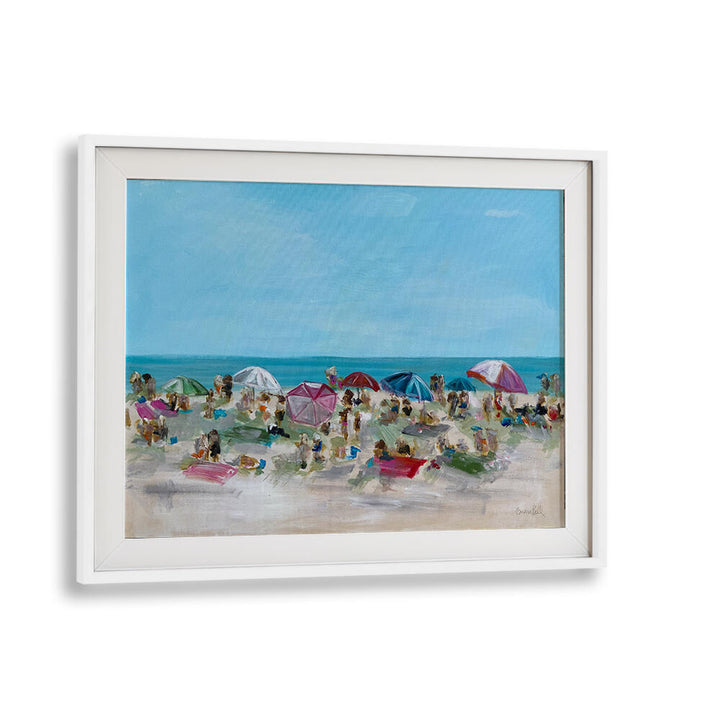 Vibrant UMBRELLA GATHERING ,BEACH PAINTINGS capturing joyful beach scenes, perfect for coastal decor lovers.