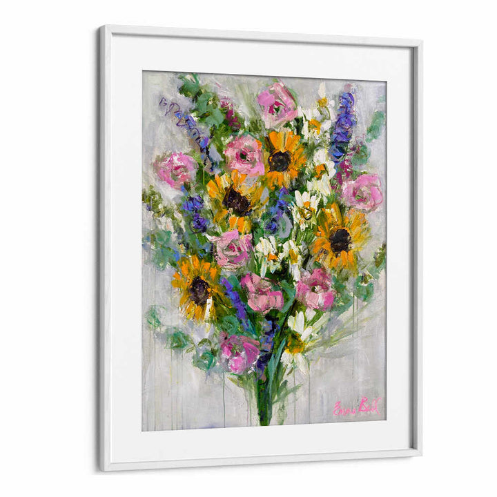 Vibrant Sunflowers Bouquet, Floral Flower Paintings showcase colorful blooms in abstract style for stunning wall decor.